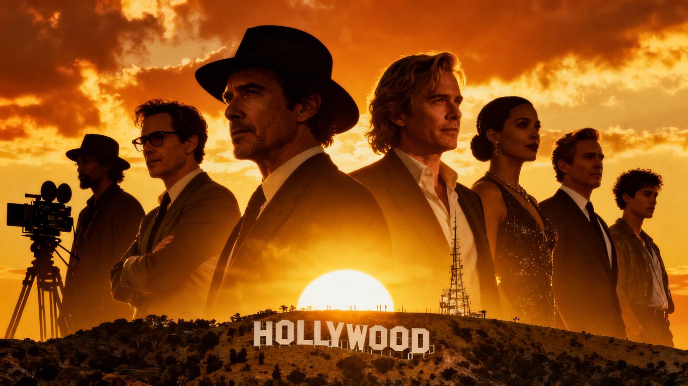 Hollywood landmarks and filmmakers against a sunset sky.