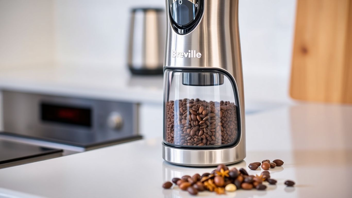 Breville coffee and spice grinder with beans and spices.
