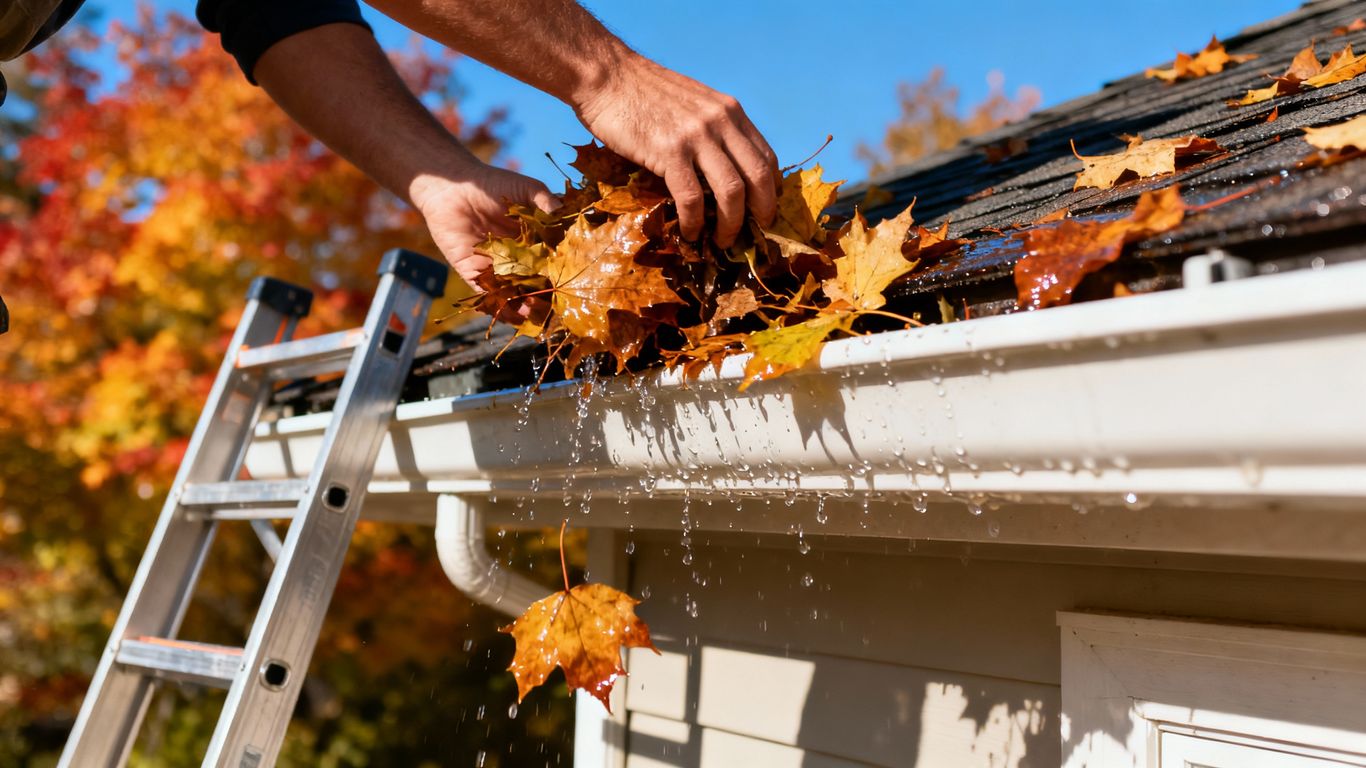 Cleaning autumn leaves from a house gutter in October