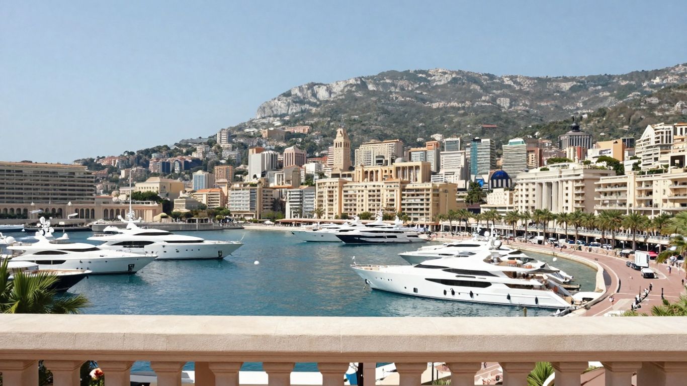 Luksusowe jachty w porcie Monako, widok na wybrzeże.