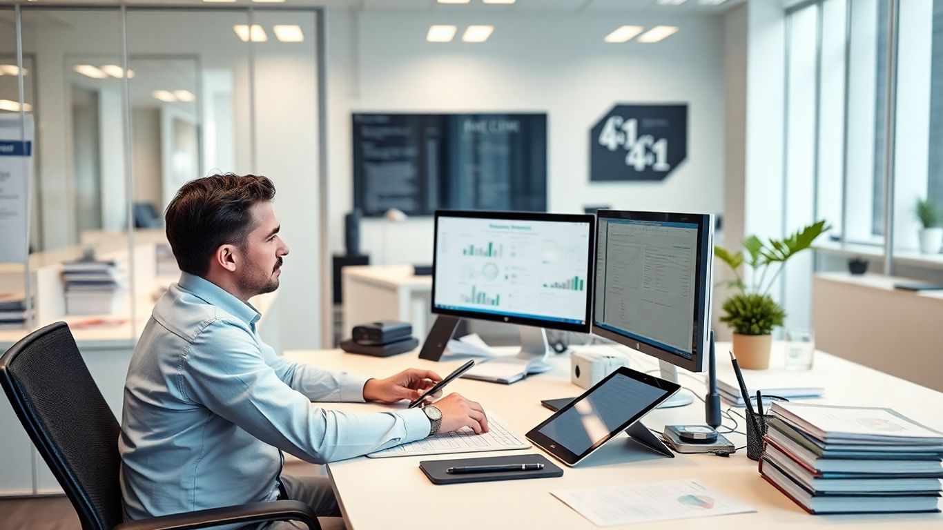 Accountant working at modern desk with digital devices