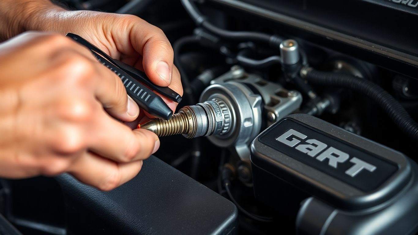 Mechanic replacing spark plug in Chrysler engine.
