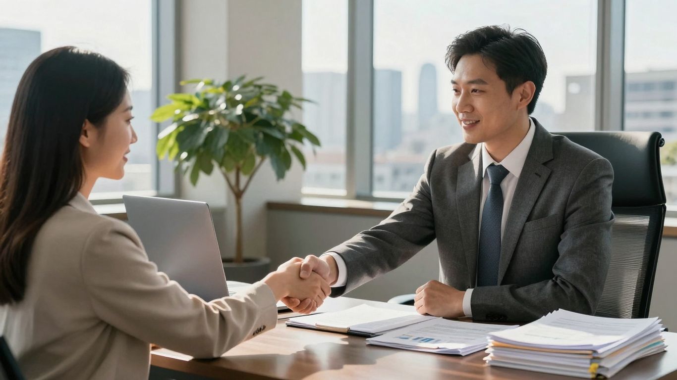 Investment bankers discussing financial deals in a modern office.