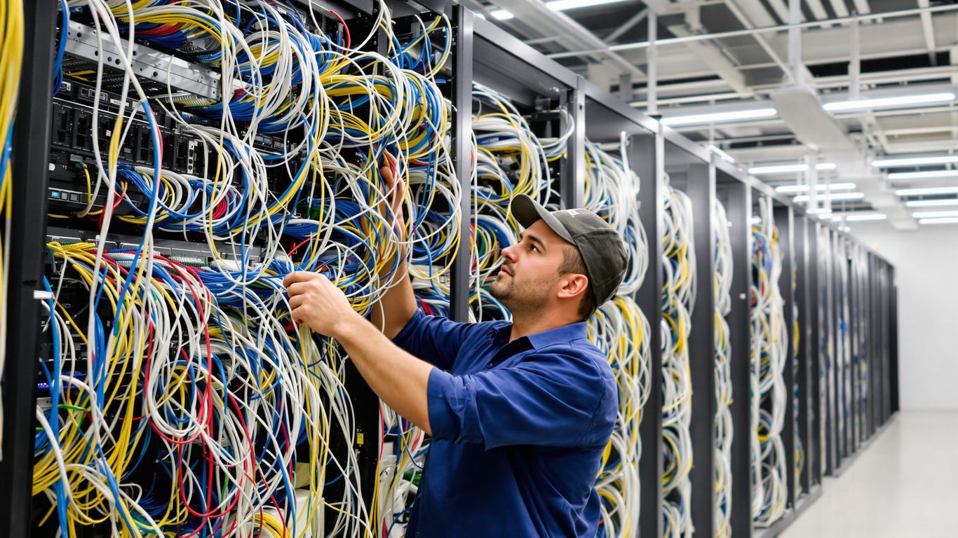 Technician connecting structured cabling in a server room.