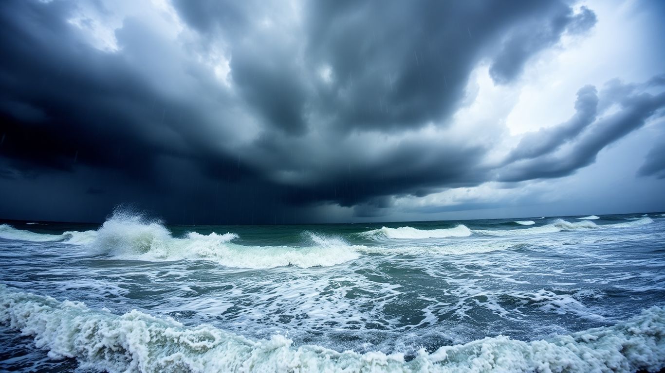 Tempête Melissa : nuages sombres, pluie intense, vagues déchaînées.