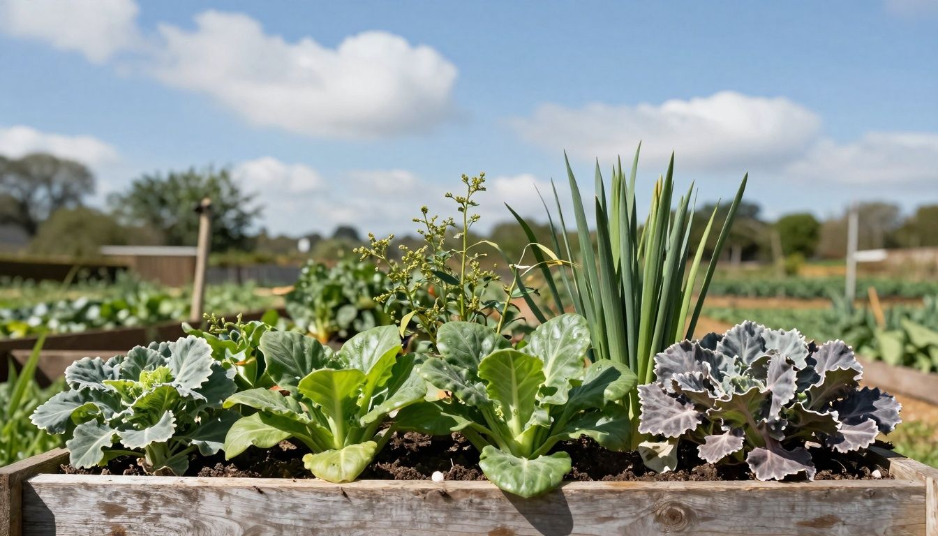 Horta orgânica cheia de vegetais frescos sob luz natural em um quintal bem cuidado