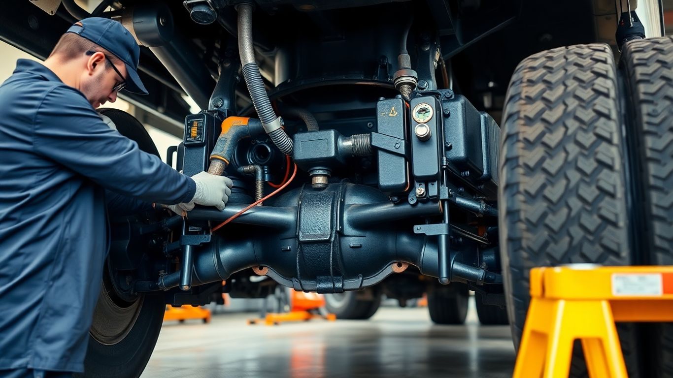 Mecânico alinhando chassi de caminhão com equipamento especializado.