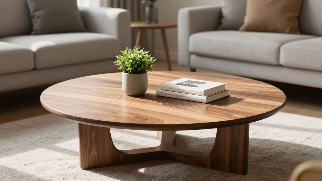 Stylish wooden coffee table in a bright living room.