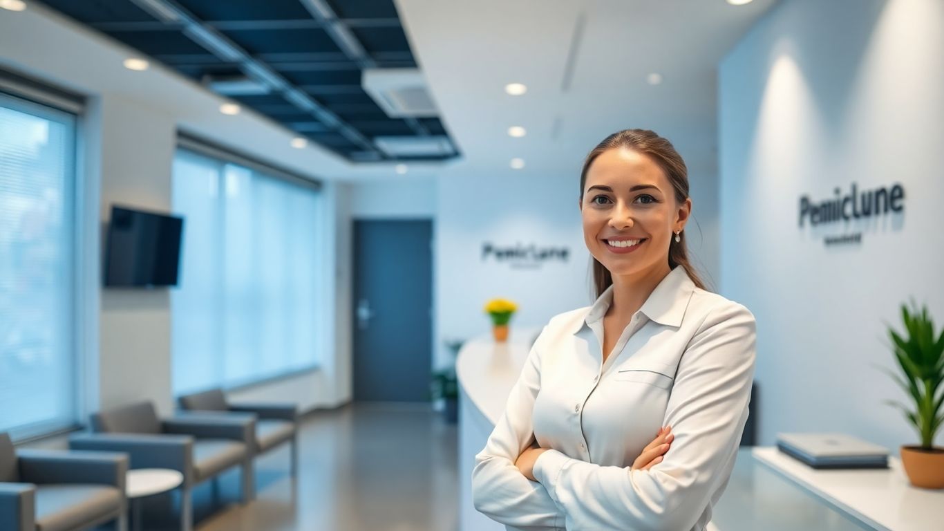 Clinic receptionist smiling, ready to assist clients.