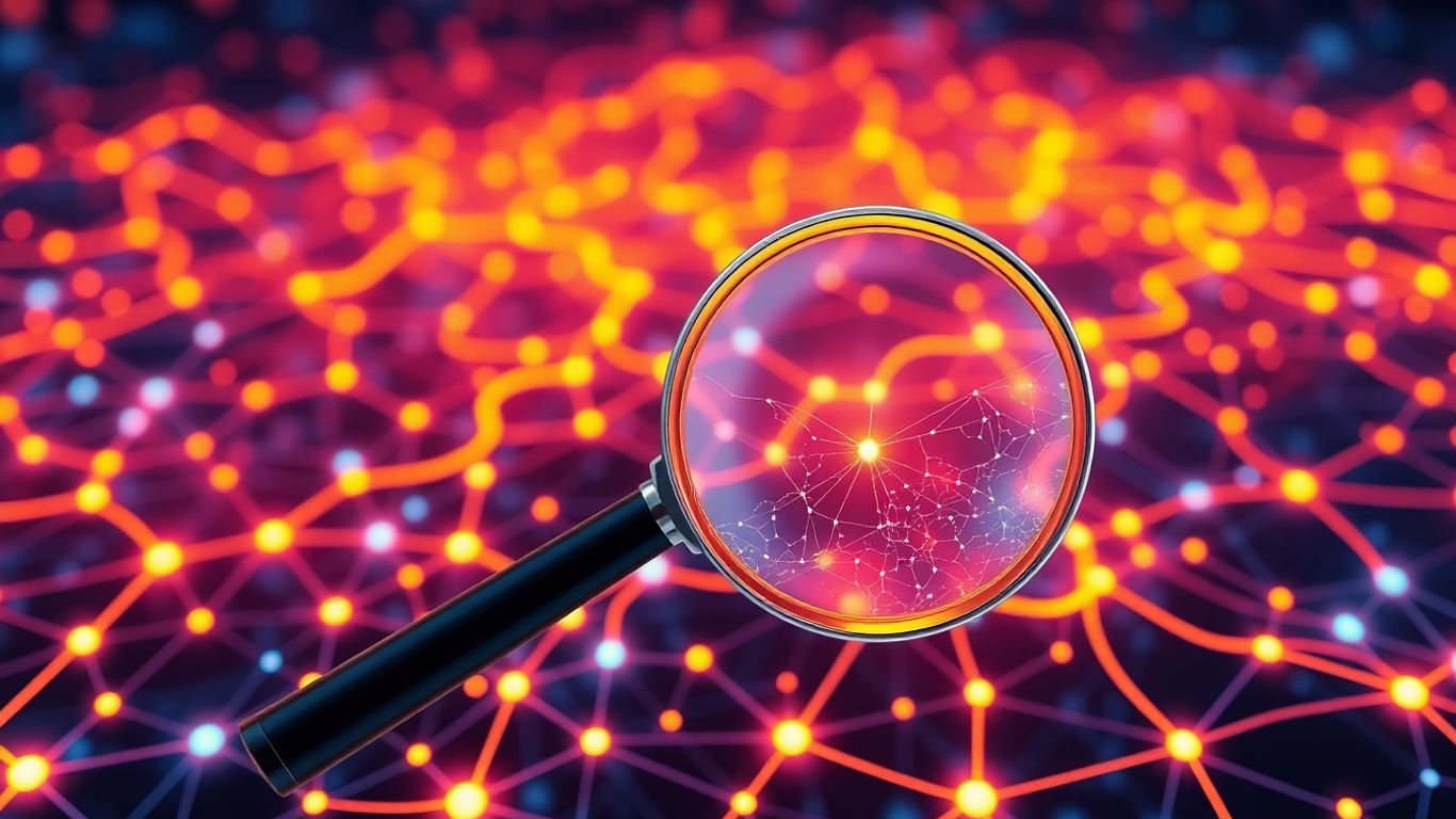 Digital landscape with magnifying glass highlighting connections.