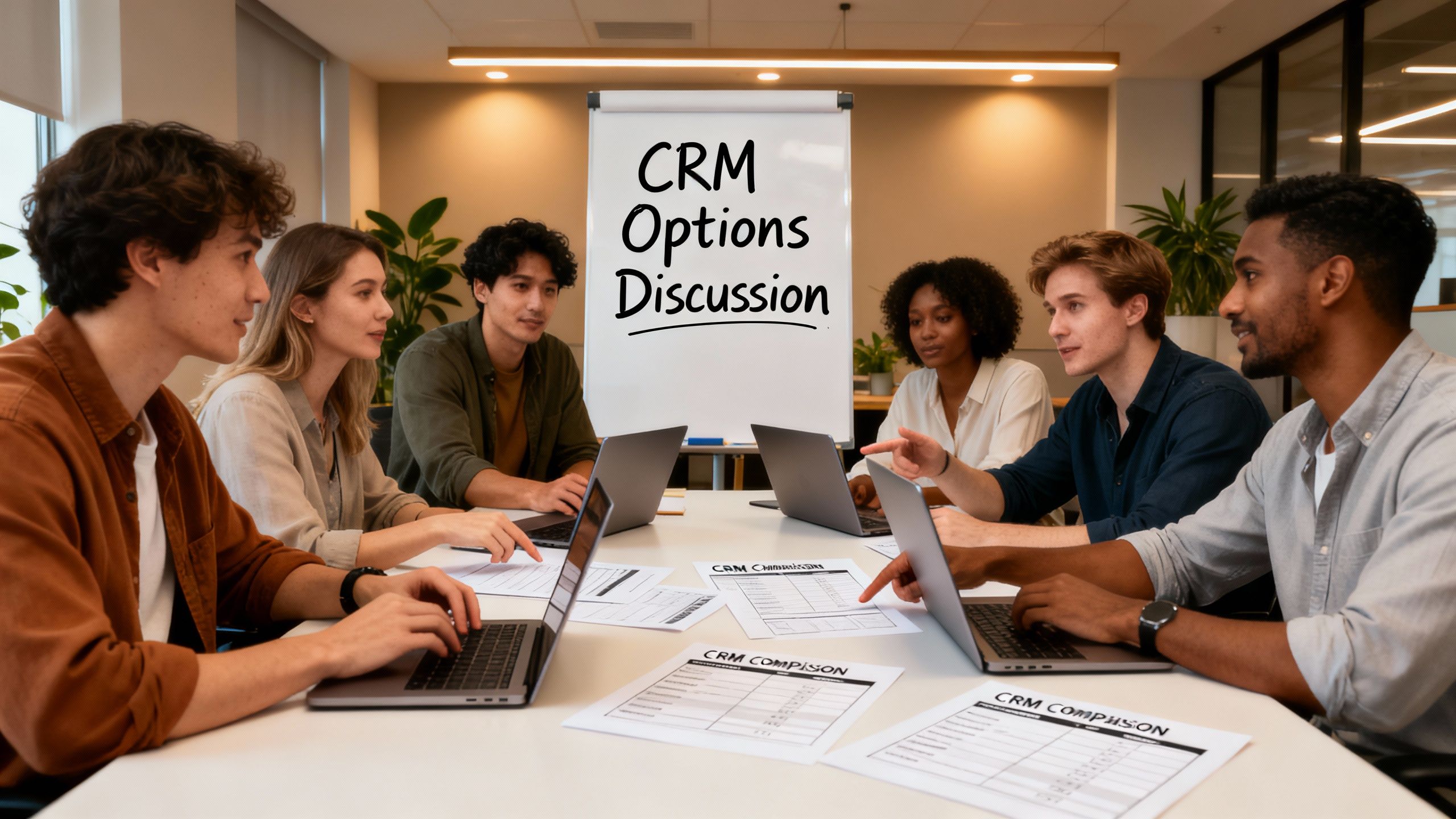 team discussing CRM options around a table