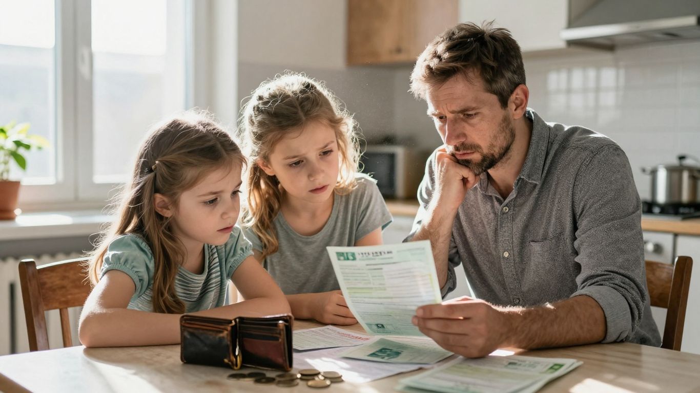Familie românească cu venituri mici analizând facturi.
