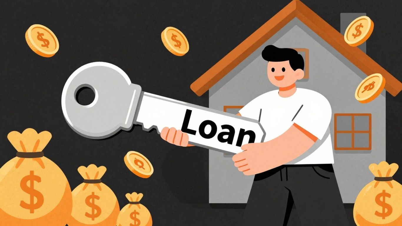 Cartoon person holding a loan key with money.