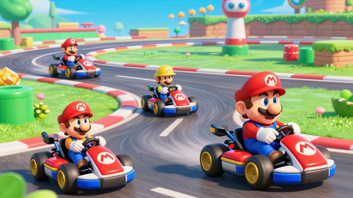 Mario Kart World gameplay with colorful karts racing.