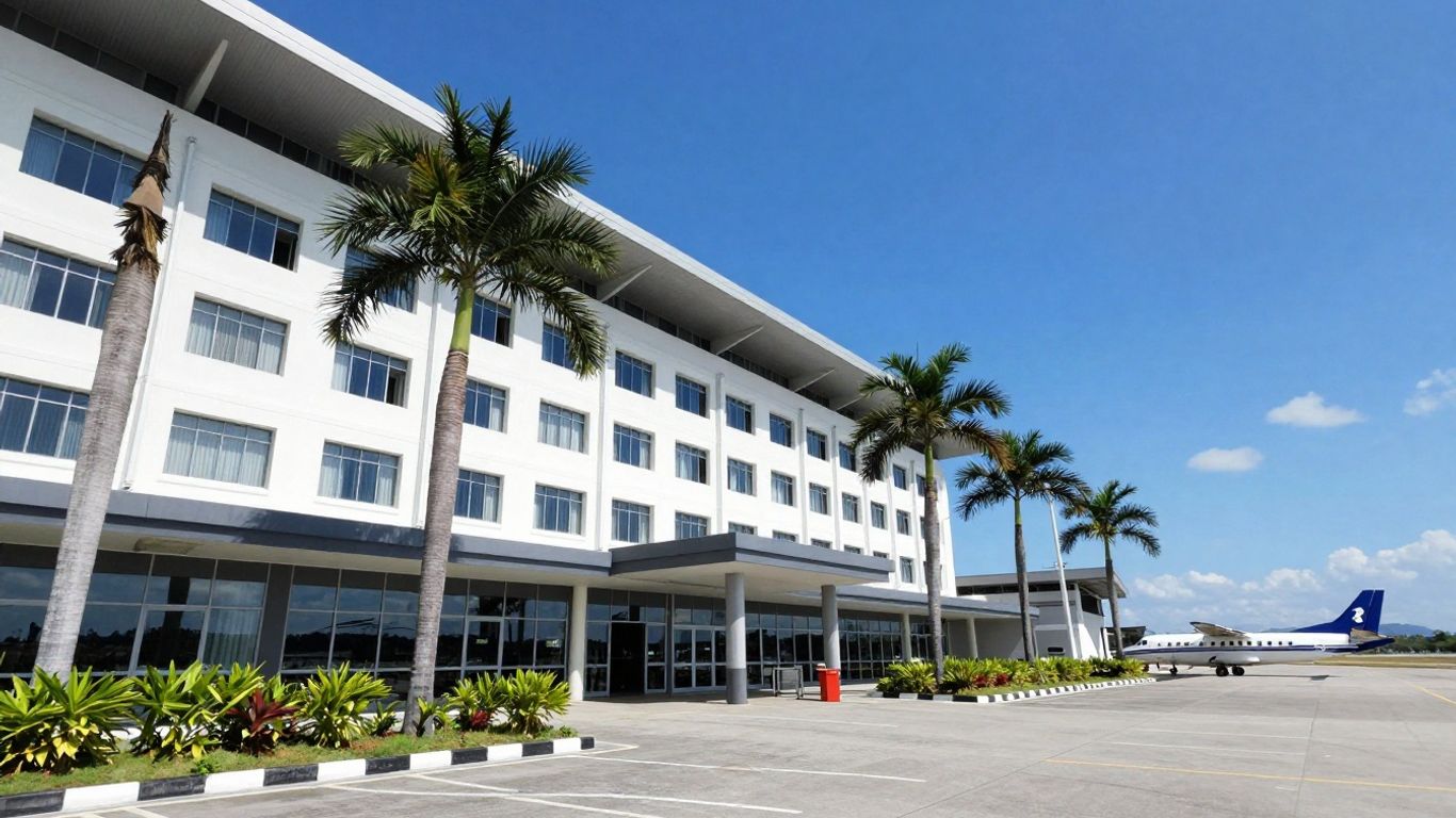 Labuan Bajo airport hotel with palm trees and airplane