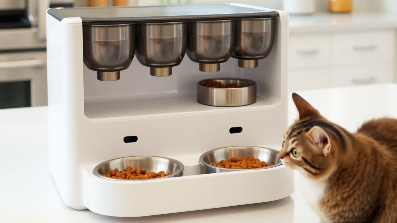 Automatic cat feeder dispensing wet food into bowls.