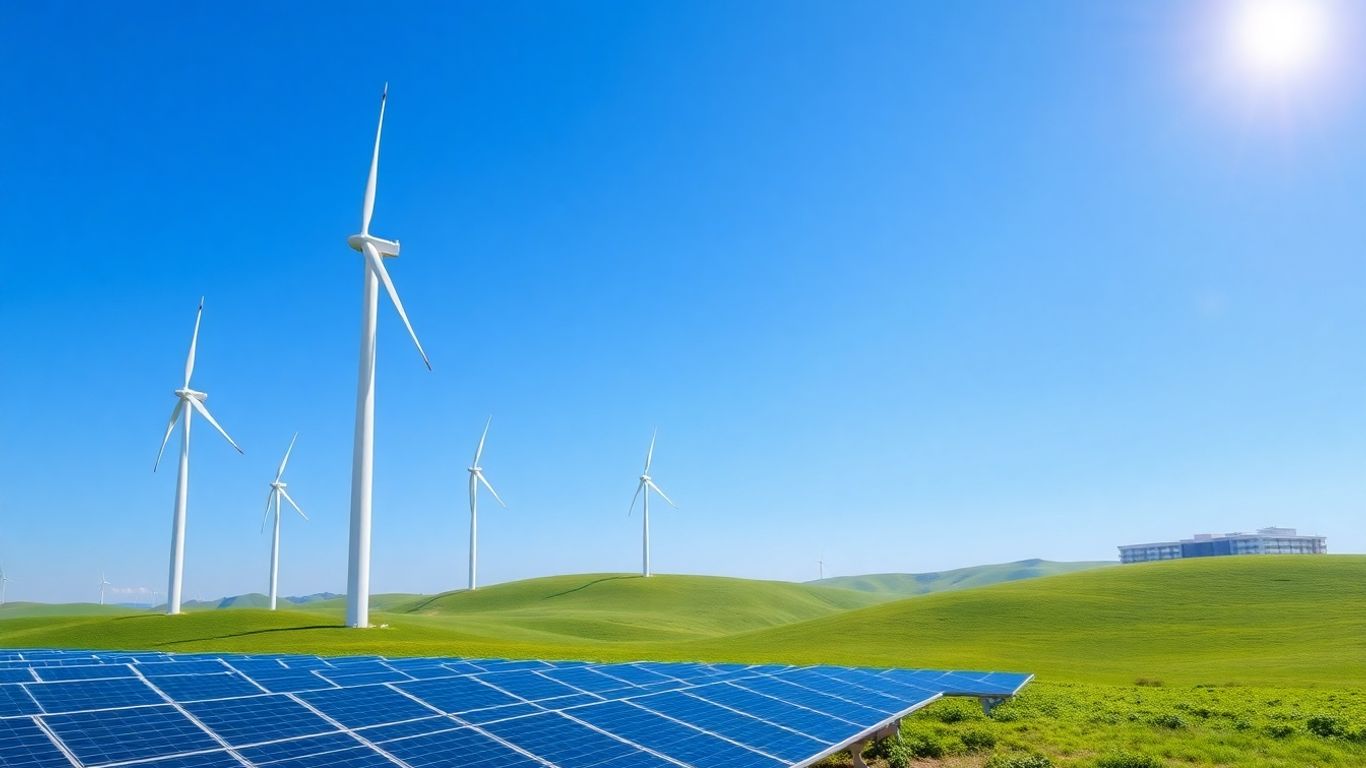 Wind turbines and solar panels in a green landscape.