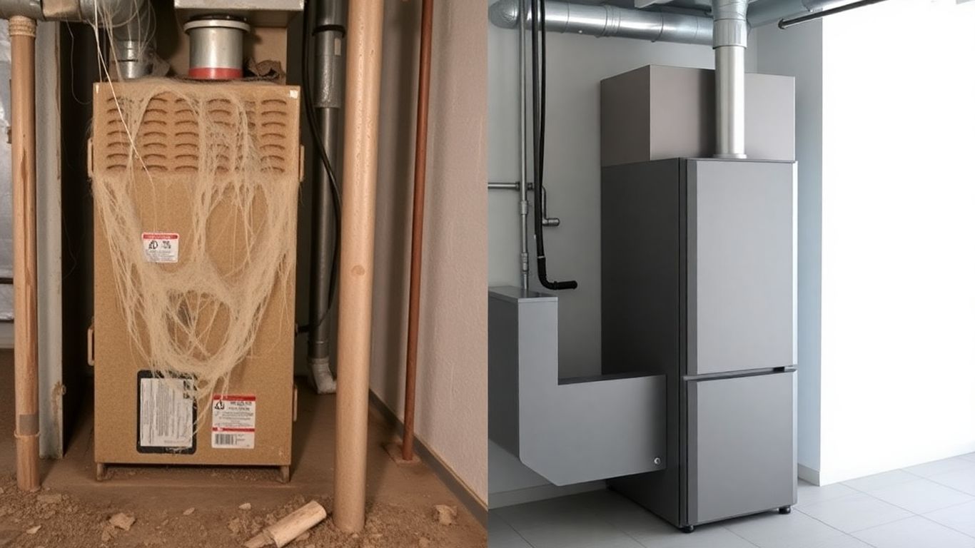 Modern furnace installation compared to old, dusty furnace.