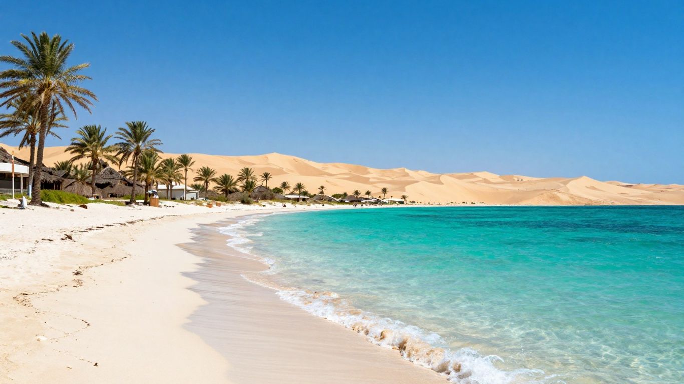 Tropical beach meets desert dunes under a sunny sky.