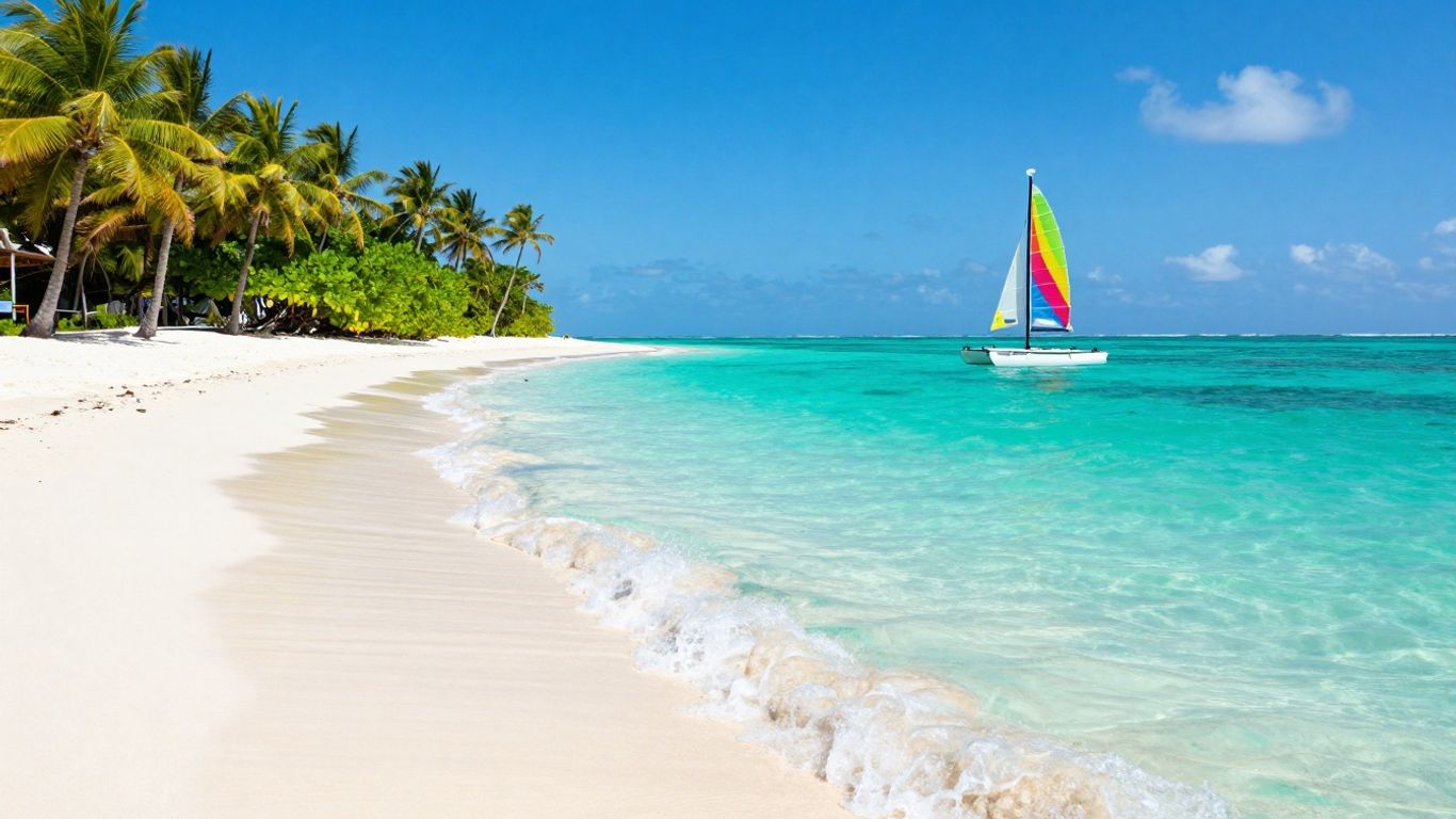Budget travel destination with beach and sailboat.