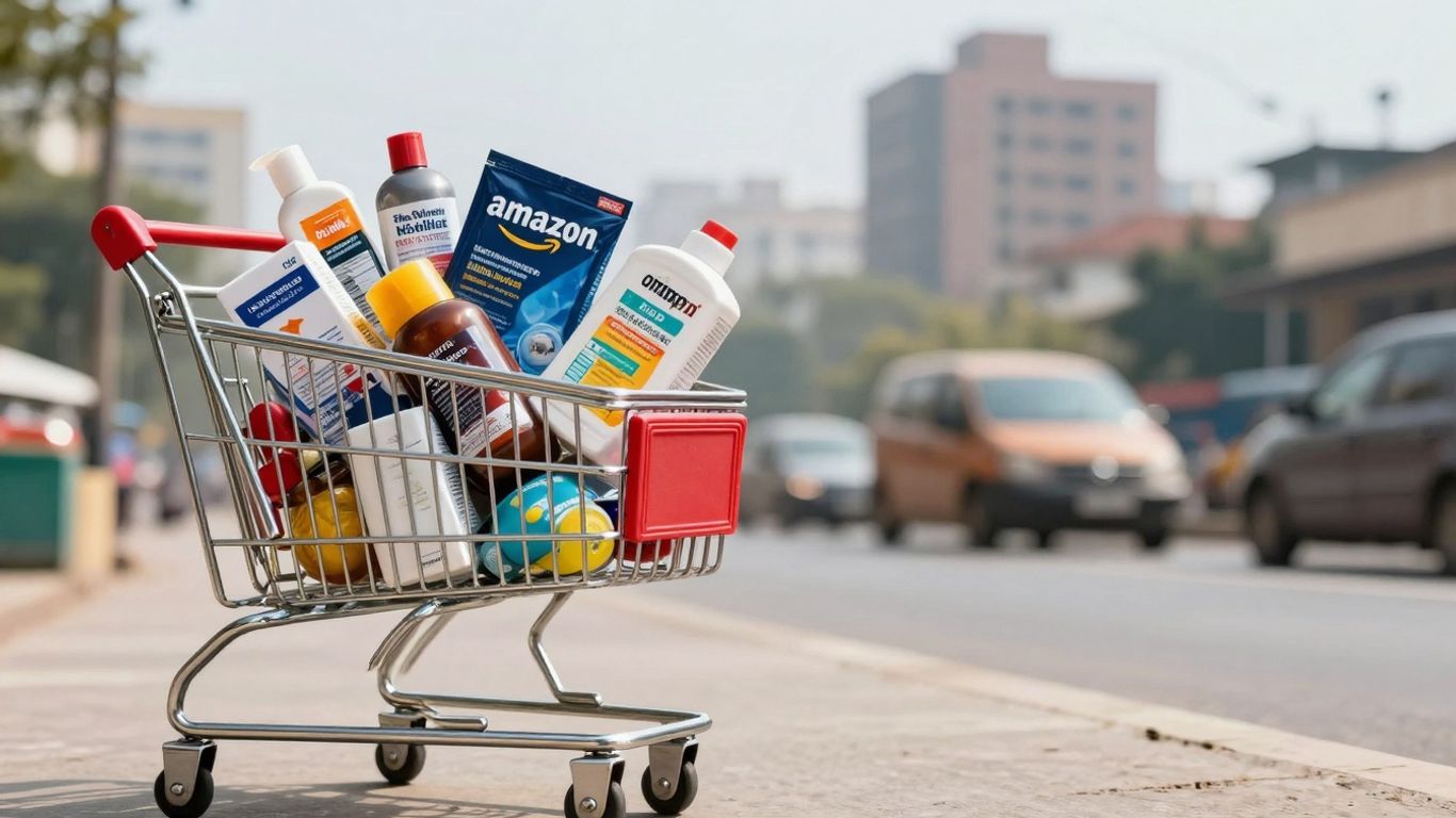 Amazon India best-selling products overflowing shopping cart.