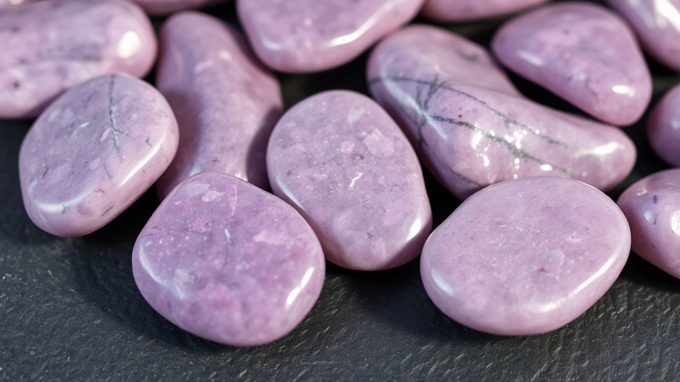 Polished lepidolite stones with purple and pink hues.