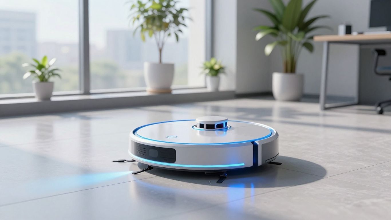 AI robot vacuum cleaning a modern, sunlit office.