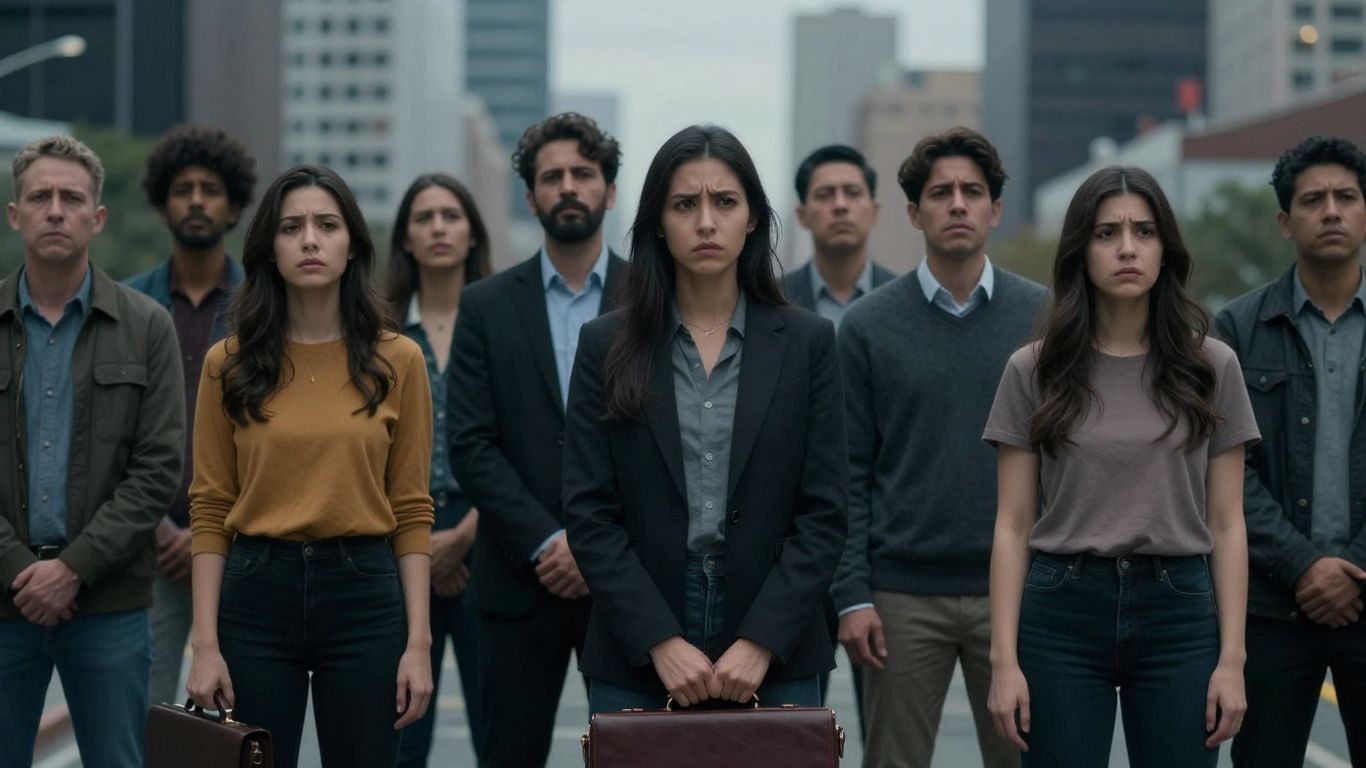 Oameni confuzi în fața unui oraș neclar.