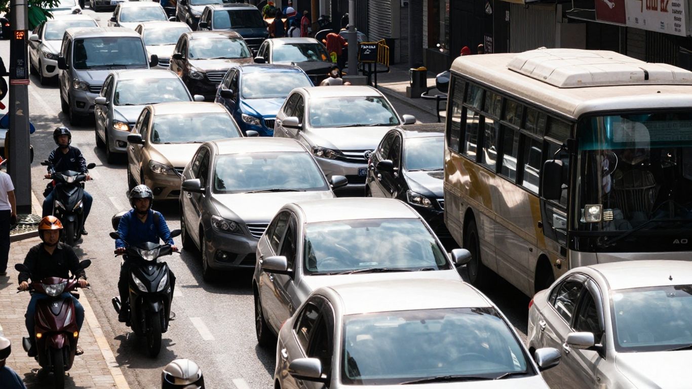 Mașini blocate în trafic pe o stradă aglomerată din oraș.