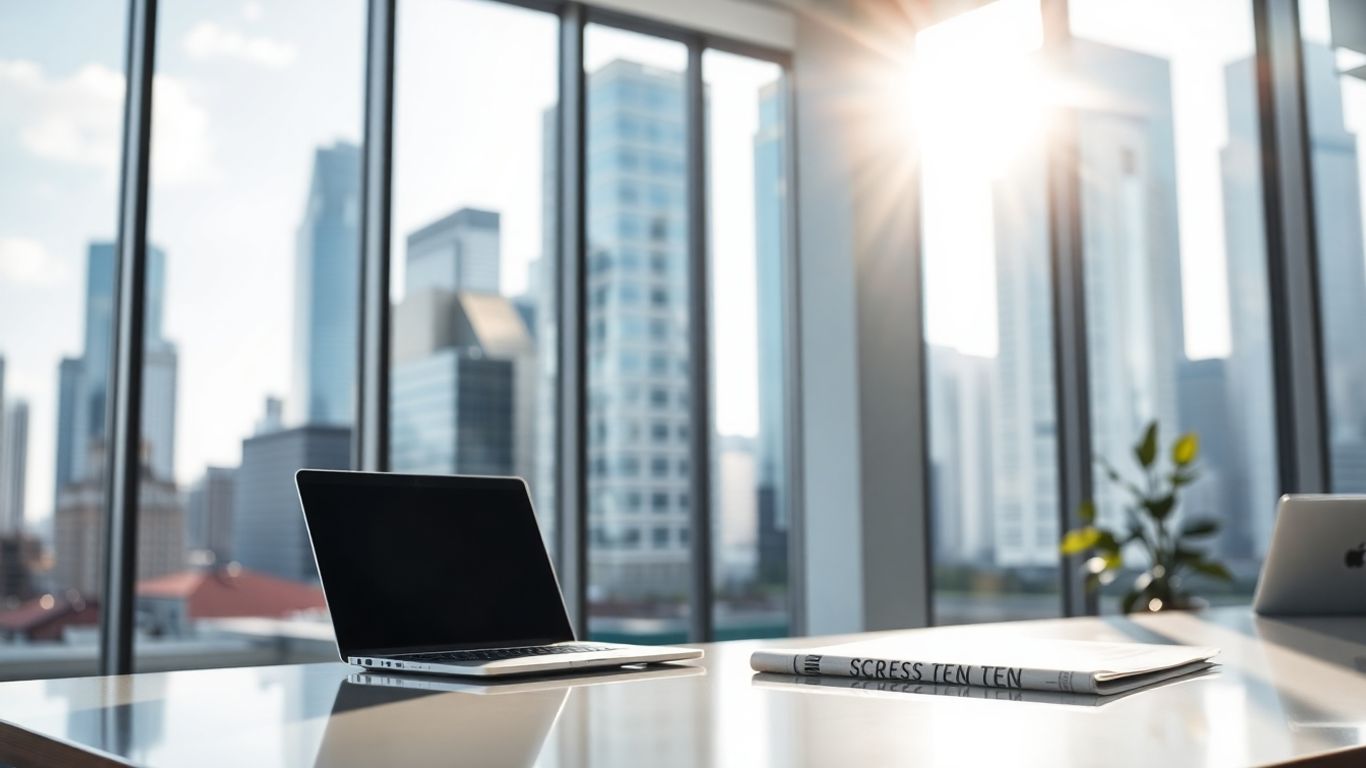 Modern office with city view, finance career