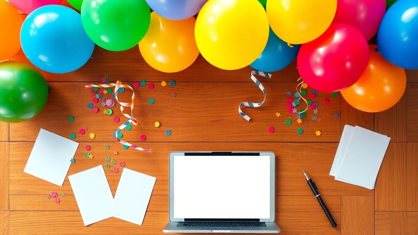 Party supplies and laptop for event planning