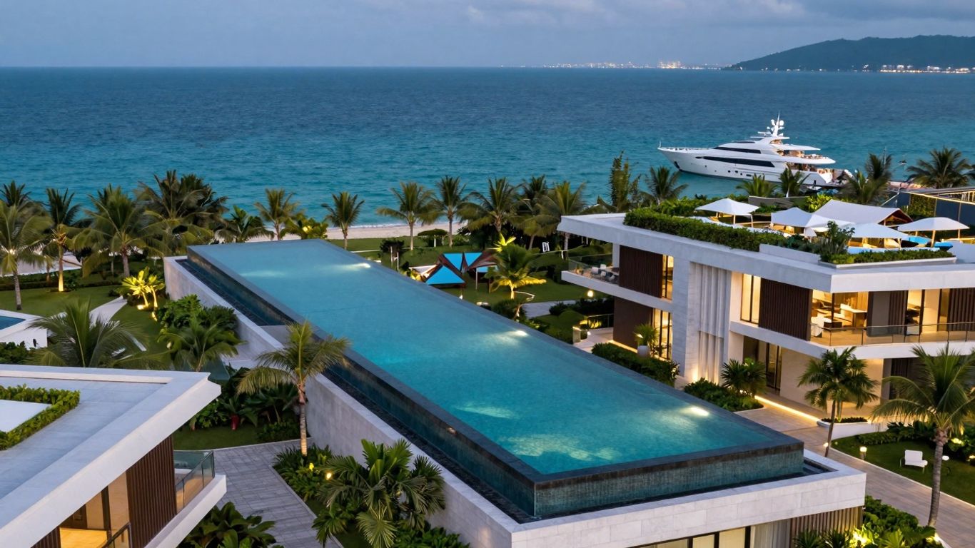 Modern resort complex with pools and ocean view.