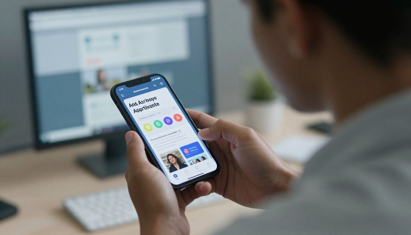 Pessoa usando smartphone com interface de aplicativos de produtividade em ambiente de trabalho moderno