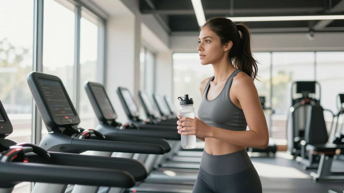 Beginner at the gym with treadmills.