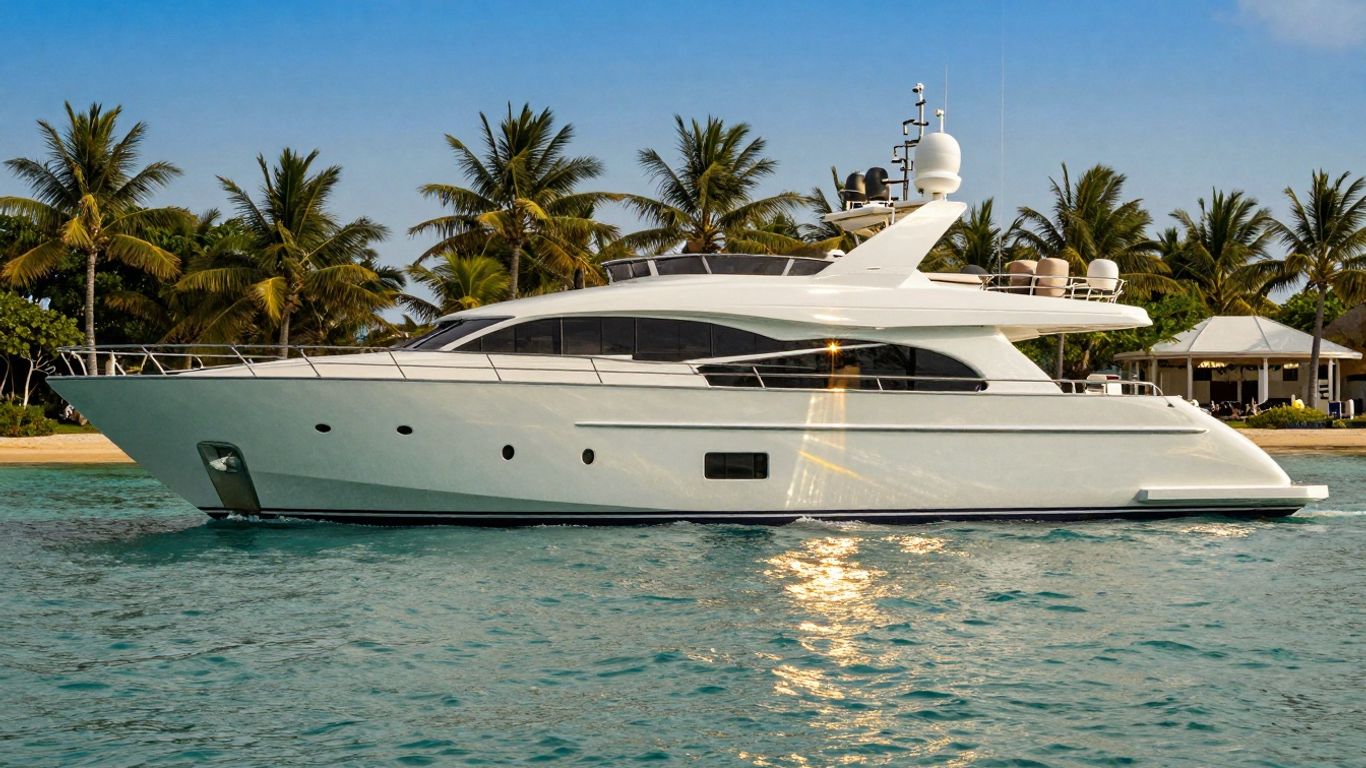 Luxury 150 ft yacht sailing in a tropical paradise.