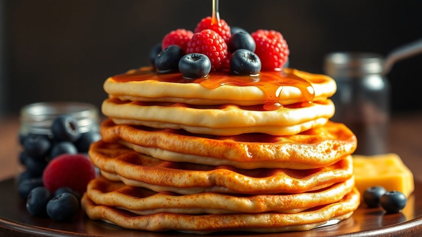 Protein pancakes and waffles with berries and syrup.