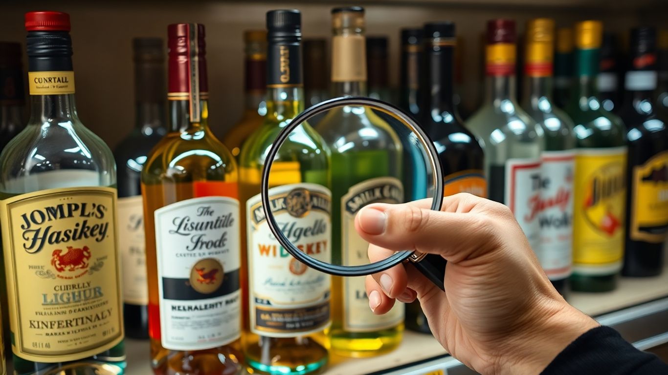 Pessoa analisando garrafa suspeita de bebida falsa em prateleira.