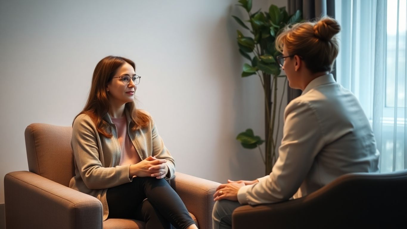 Persoană discutând cu un psihoterapeut într-un mediu calm.
