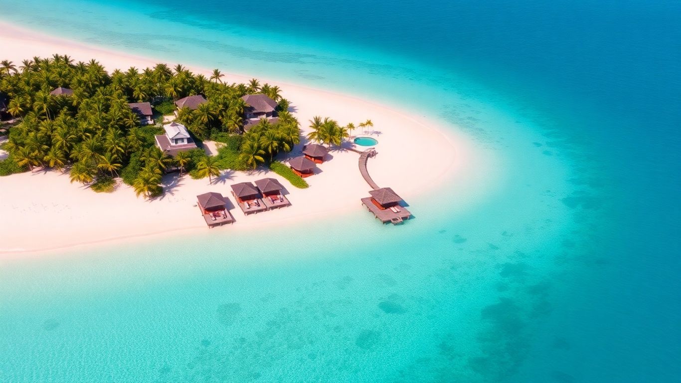 Luxury island resort with turquoise waters and white sand.