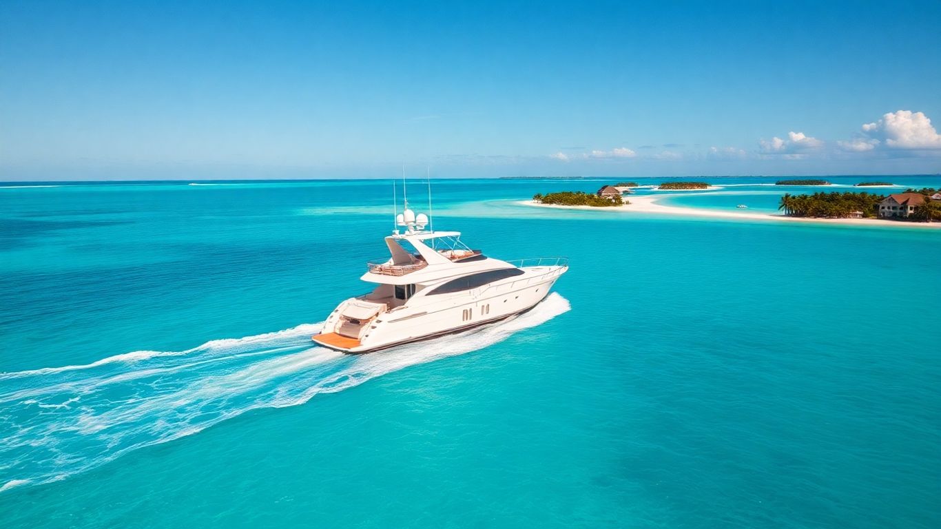 Luxury yacht near tropical Bahamas islands and clear waters