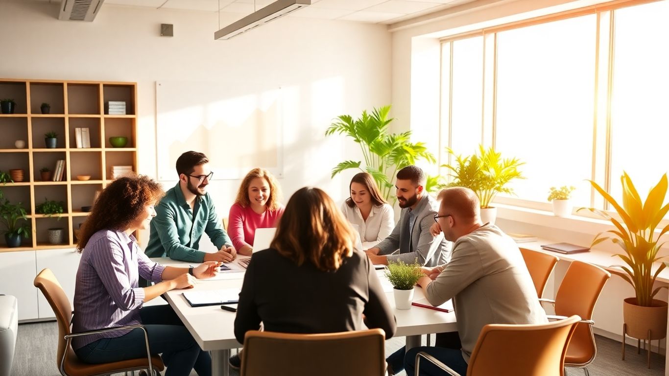 Startup team collaborating in a bright, modern office.