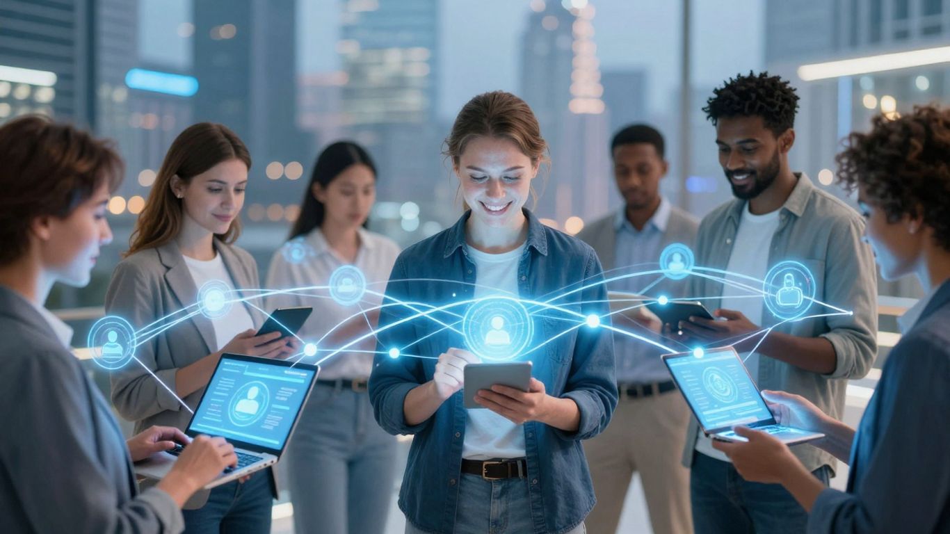 Oameni interacționând cu tehnologia digitală și servicii online.