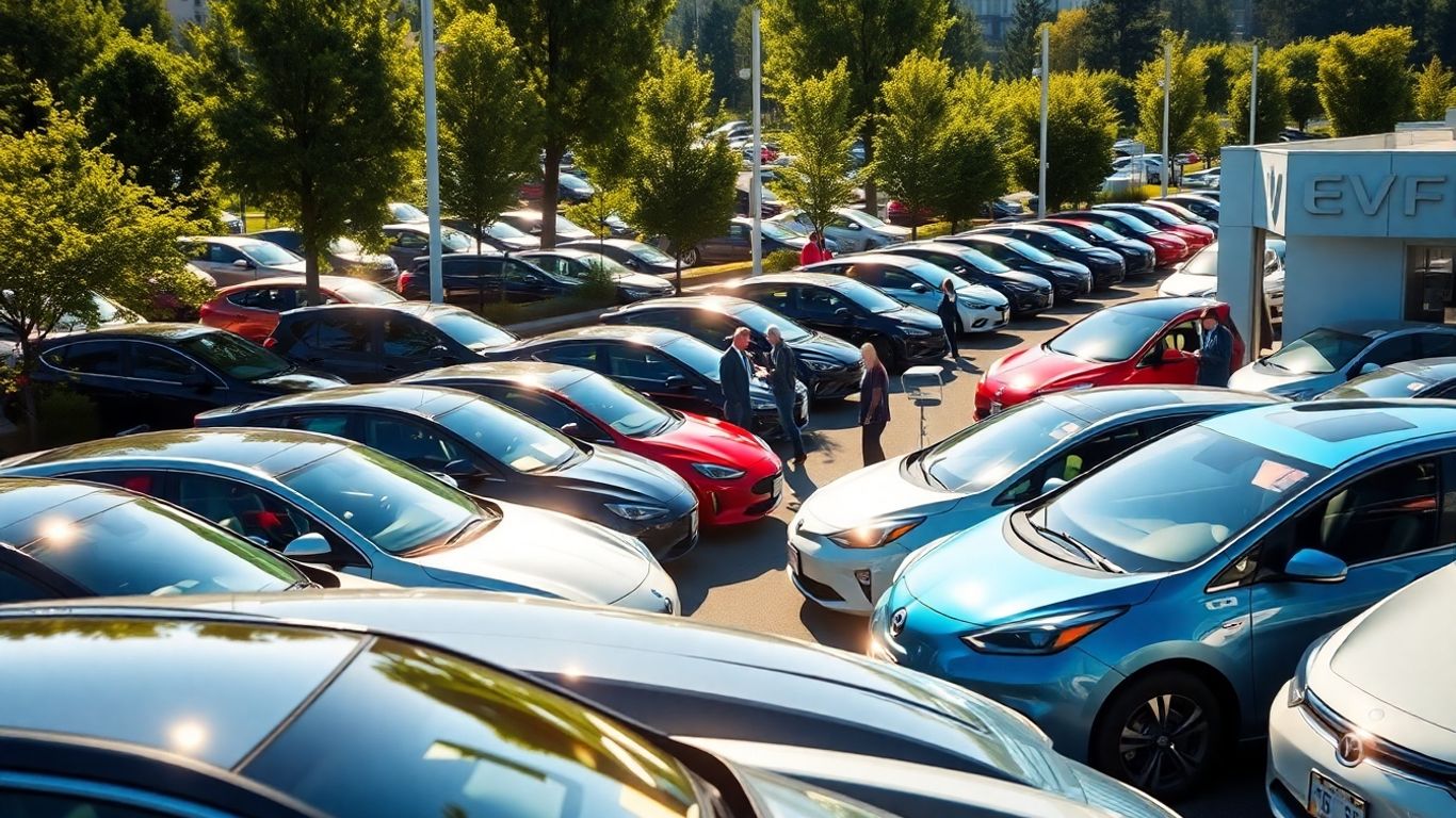 Electric cars at a dealership, customers browsing.
