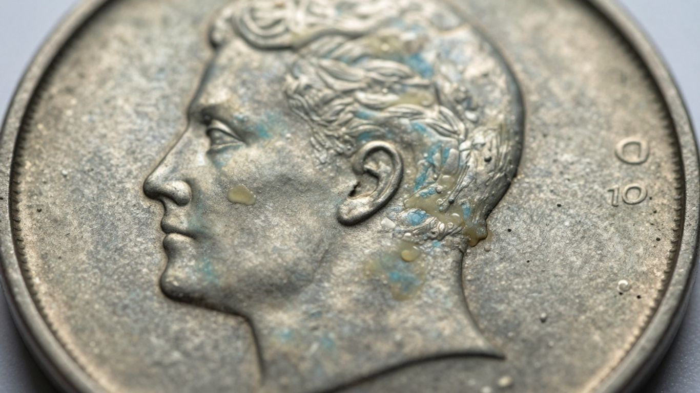 Coin with visible PVC damage and discoloration.