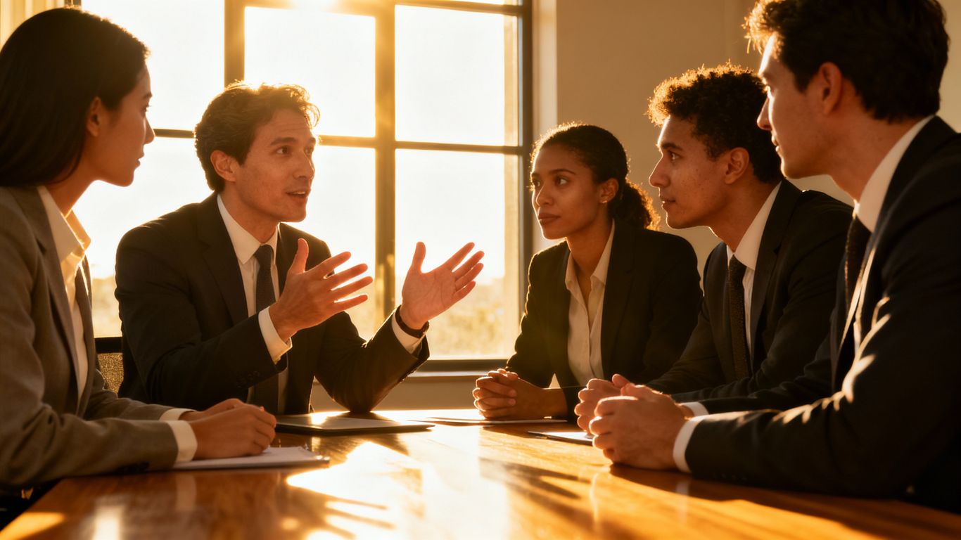 Industry experts collaborating on digital marketing strategies.