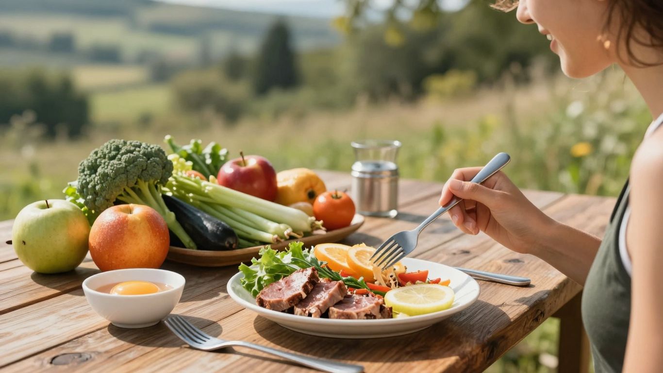 Persoană bucurându-se de o masă sănătoasă în natură.