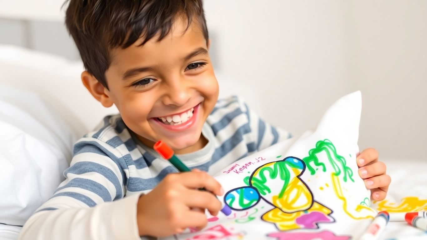 Boy coloring a pillowcase with colorful markers
