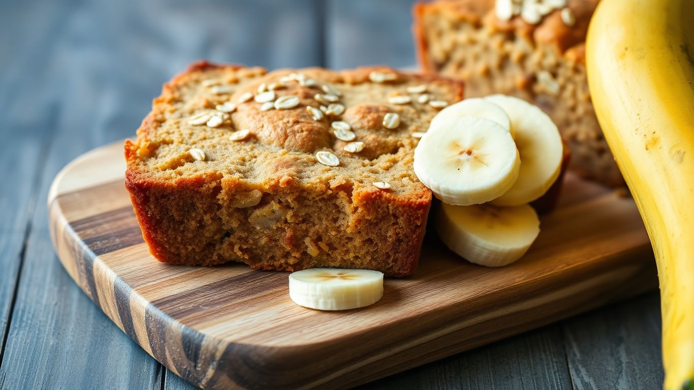 Slice of healthy banana bread with banana chunks and oats.