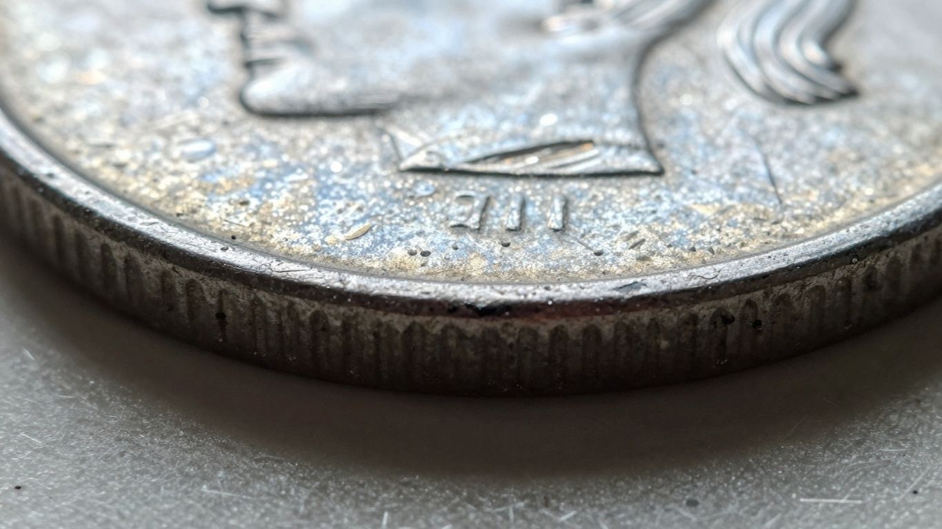 Close-up of coin surface with bag marks.