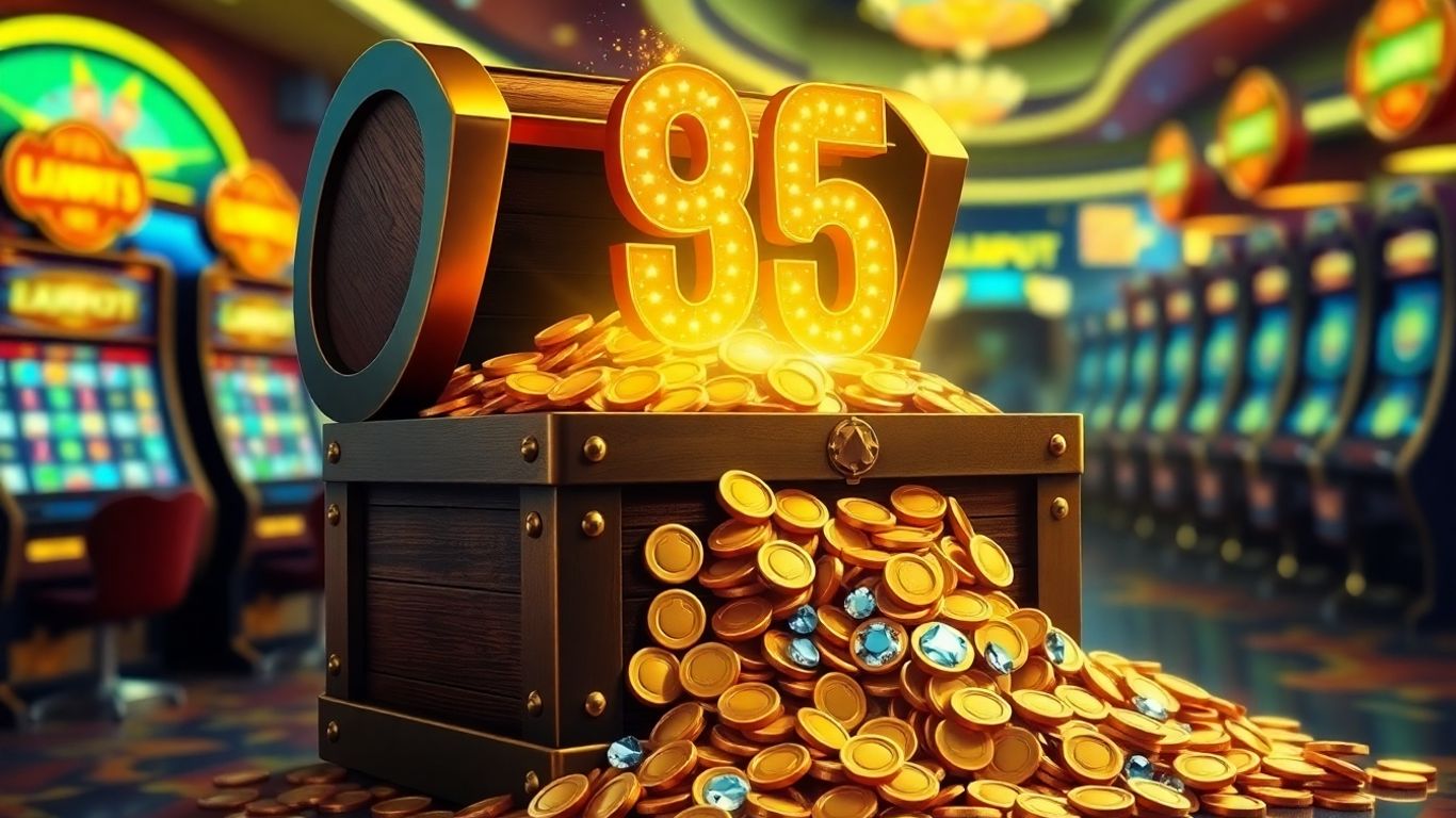 Overflowing treasure chest with gold coins and jackpot number.